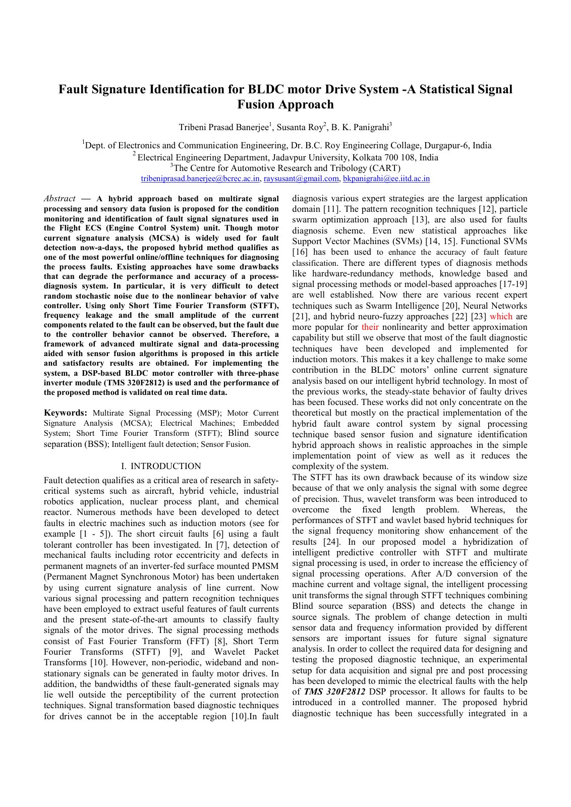First page of Fault Signature Identification for BLDC motor Drive System -A Statistical Signal Fusion Approach