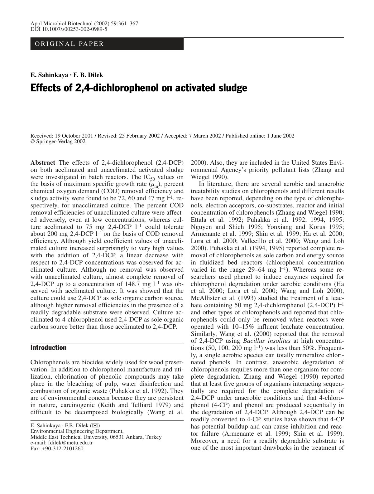First page of Effects of 2,4-dichlorophenol on acclimated and unacclimated activated sludge in batch reactors