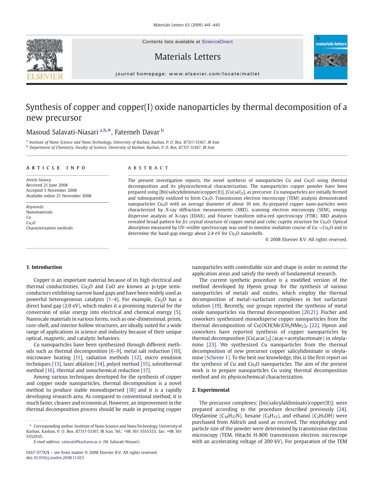 First page of Synthesis of copper and copper(I) oxide nanoparticles by thermal decomposition of a new precursor