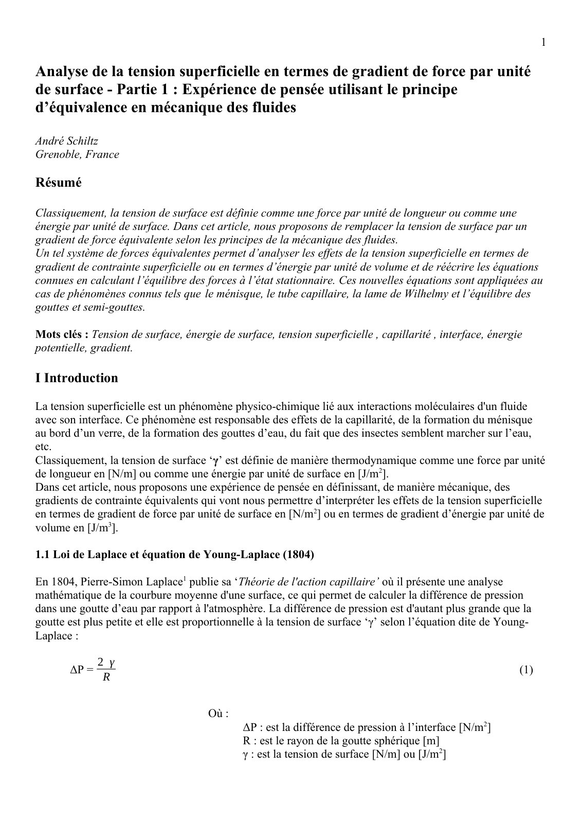 First page of Analysedelatensionsuperficielleentermesdegradient Partie1 Expriencedepenseutilisantleprincipedequivalence