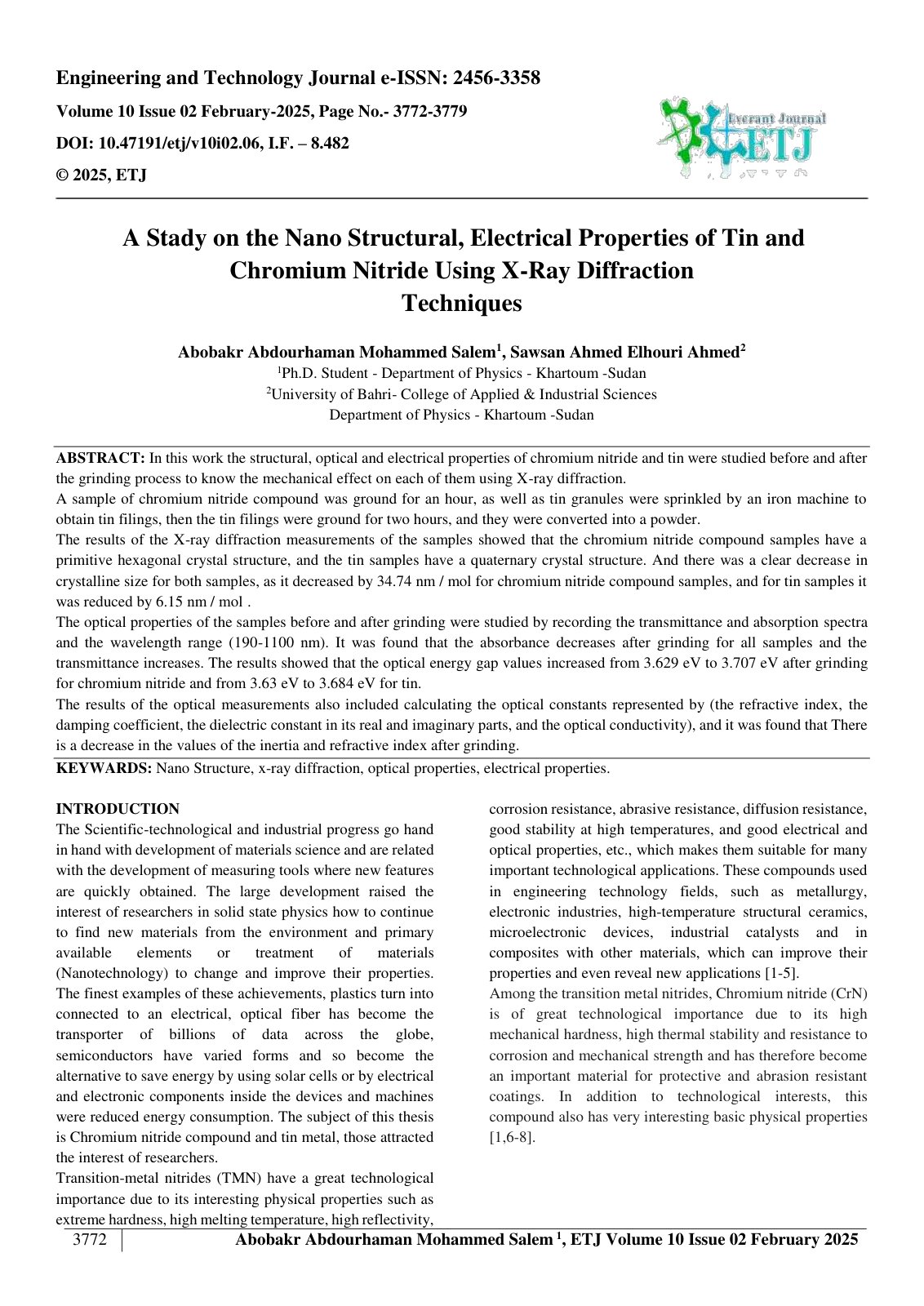 First page of A Stady on the Nano Structural, Electrical Properties of Tin and Chromium Nitride Using X-Ray Diffraction   Techniques