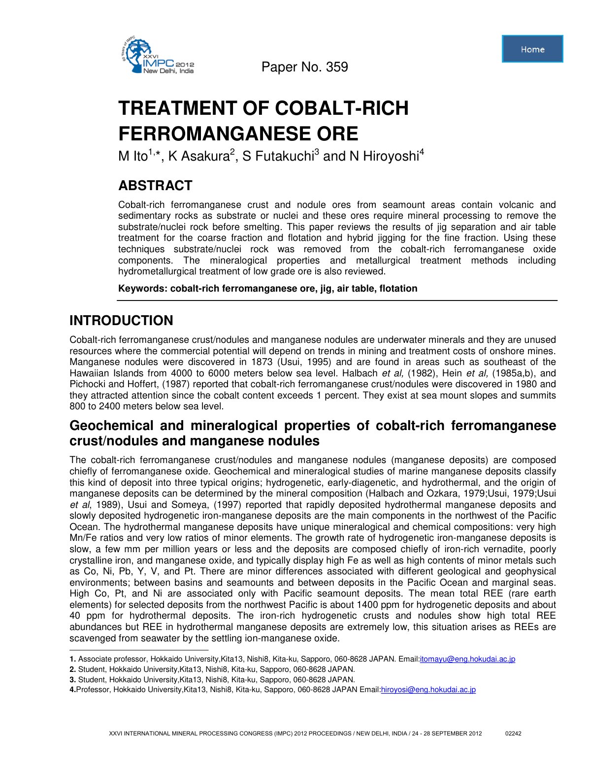 First page of TREATMENT OF COBALT-RICH FERROMANGANESE ORE
