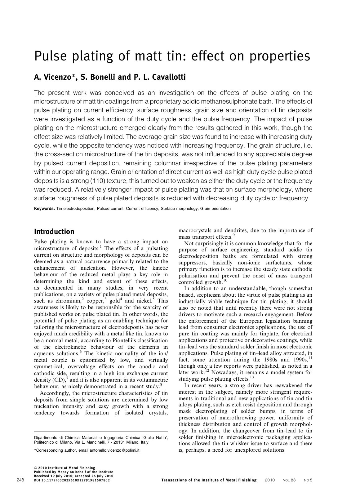 First page of Pulse plating of matt tin: effect on properties