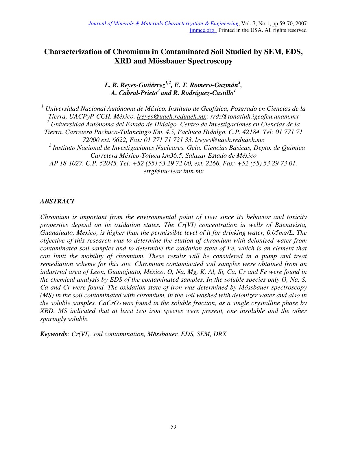 First page of Characterization of Chromium in Contaminated Soil Studied by SEM, EDS, XRD and Mössbauer Spectroscopy