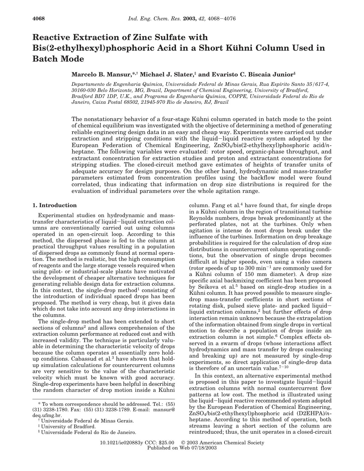 First page of Reactive Extraction of Zinc Sulfate with Bis(2-ethylhexyl)phosphoric Acid in a Short Ku1 hni Column Used in Batch Mode