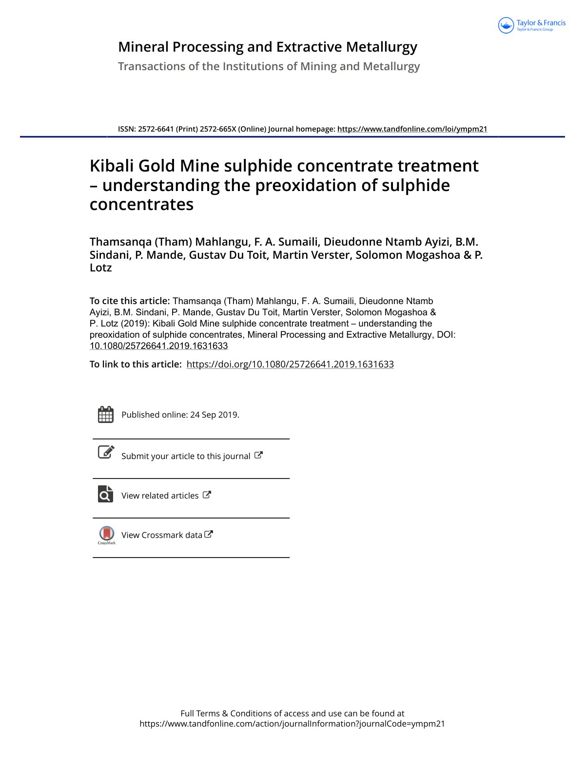 First page of Kibali Gold Mine sulphide concentrate tr