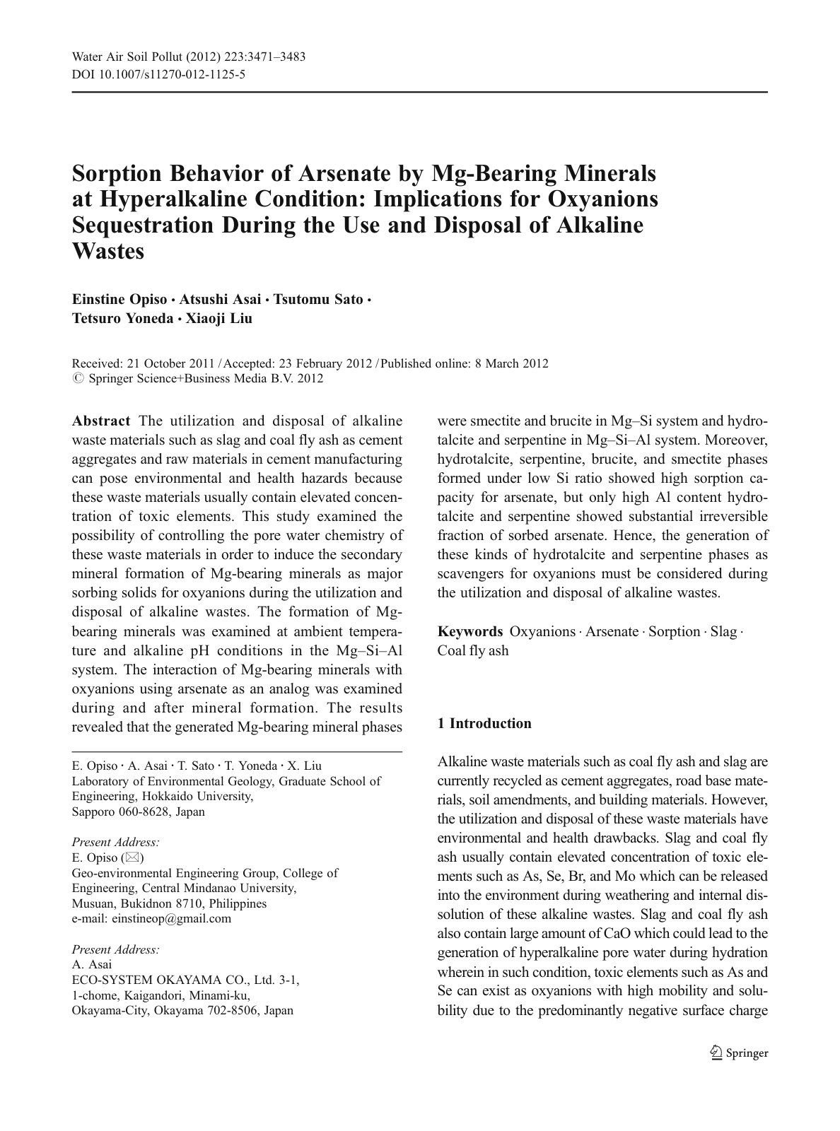 First page of Sorption Behavior of Arsenate by Mg Bear