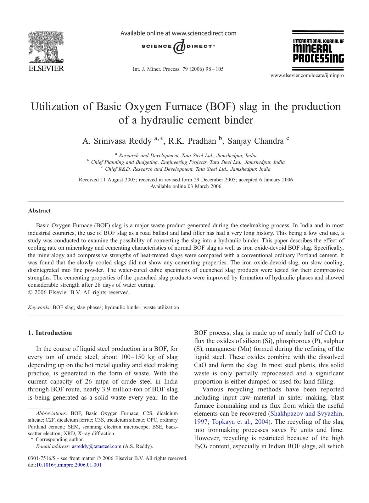 First page of Utilization of Basic Oxygen Furnace (BOF) slag in the production of a hydraulic cement binder