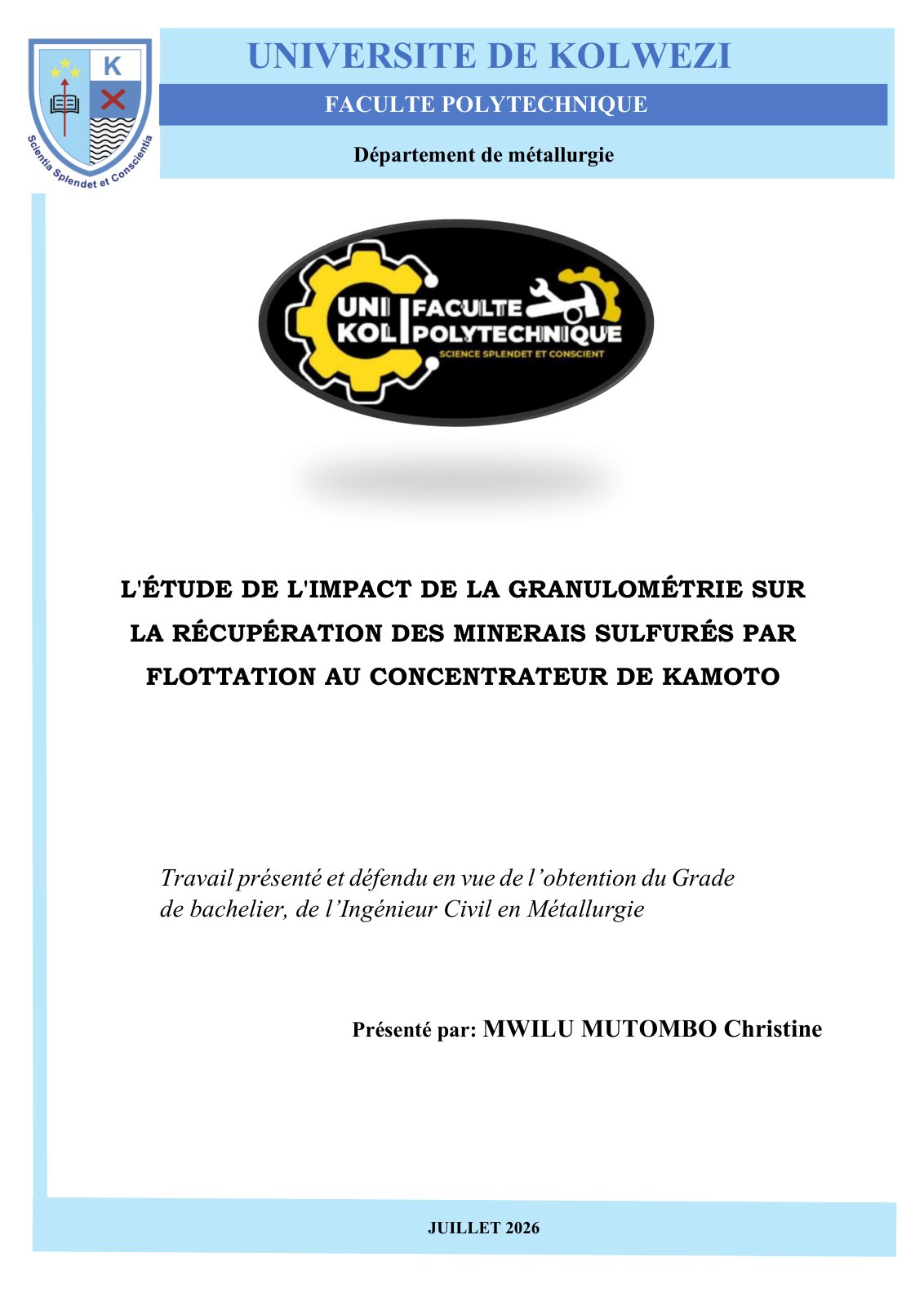 First page of L'ÉTUDE DE L'IMPACT DE LA GRANULOMÉTRIE SUR LA RÉCUPÉRATION DES MINERAIS SULFURÉS PAR FLOTTATION AU CONCENTRATEUR DE KAMOTO