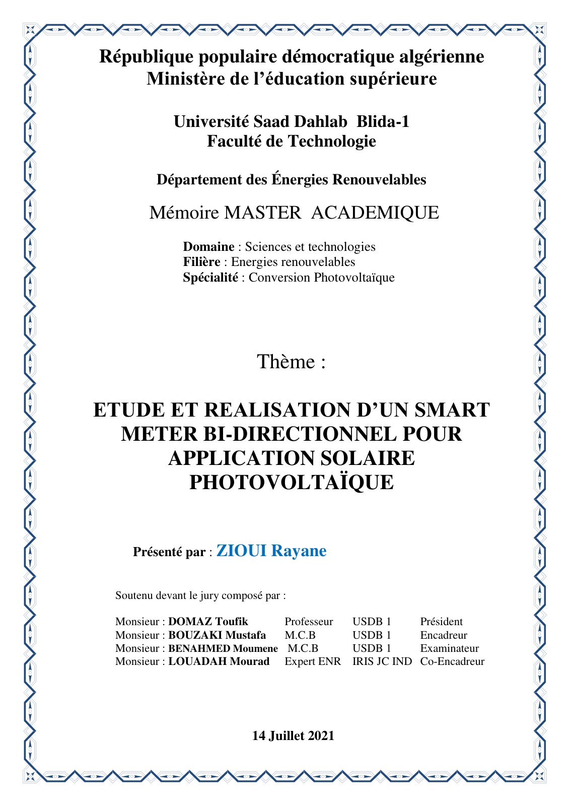 First page of SMART METER BI DIRECTIONAL ZIOUI Rayane FINAL