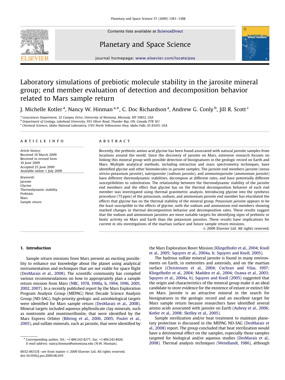 First page of Laboratory simulations of prebiotic molecule stability in the jarosite mineral group; end member evaluation of detection and decomposition behavior related to Mars sample return