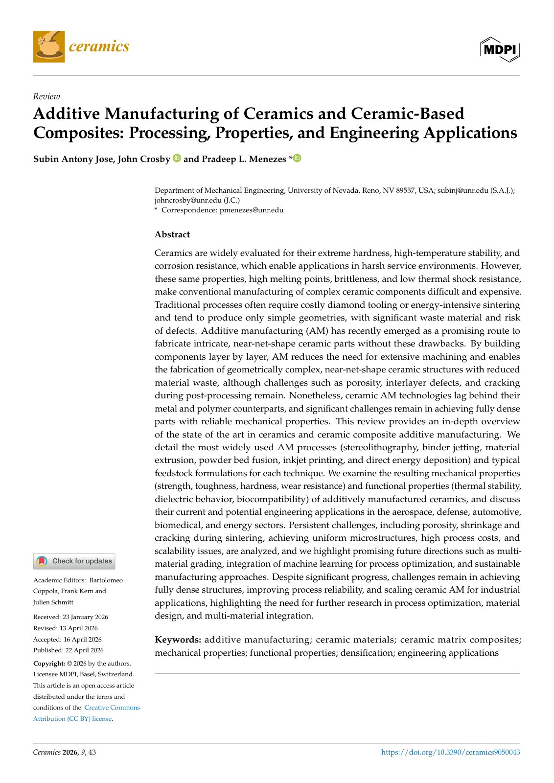 First page of Additive Manufacturing of Ceramics and Ceramic-Based Composites: Processing, Properties, and Engineering Applications