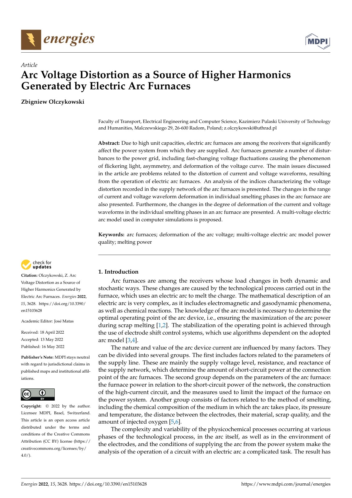 First page of Arc Voltage Distortion as a Source of Higher Harmonics Generated by Electric Arc Furnaces