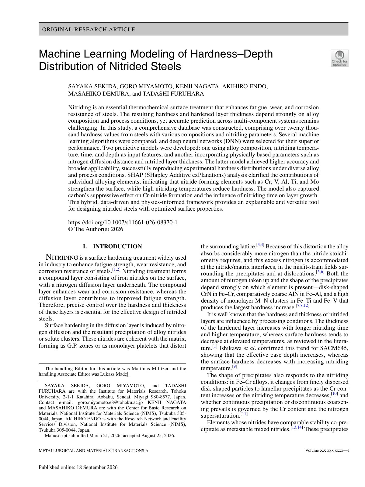 First page of Machine Learning Modeling of Hardness–Depth Distribution of Nitrided Steels