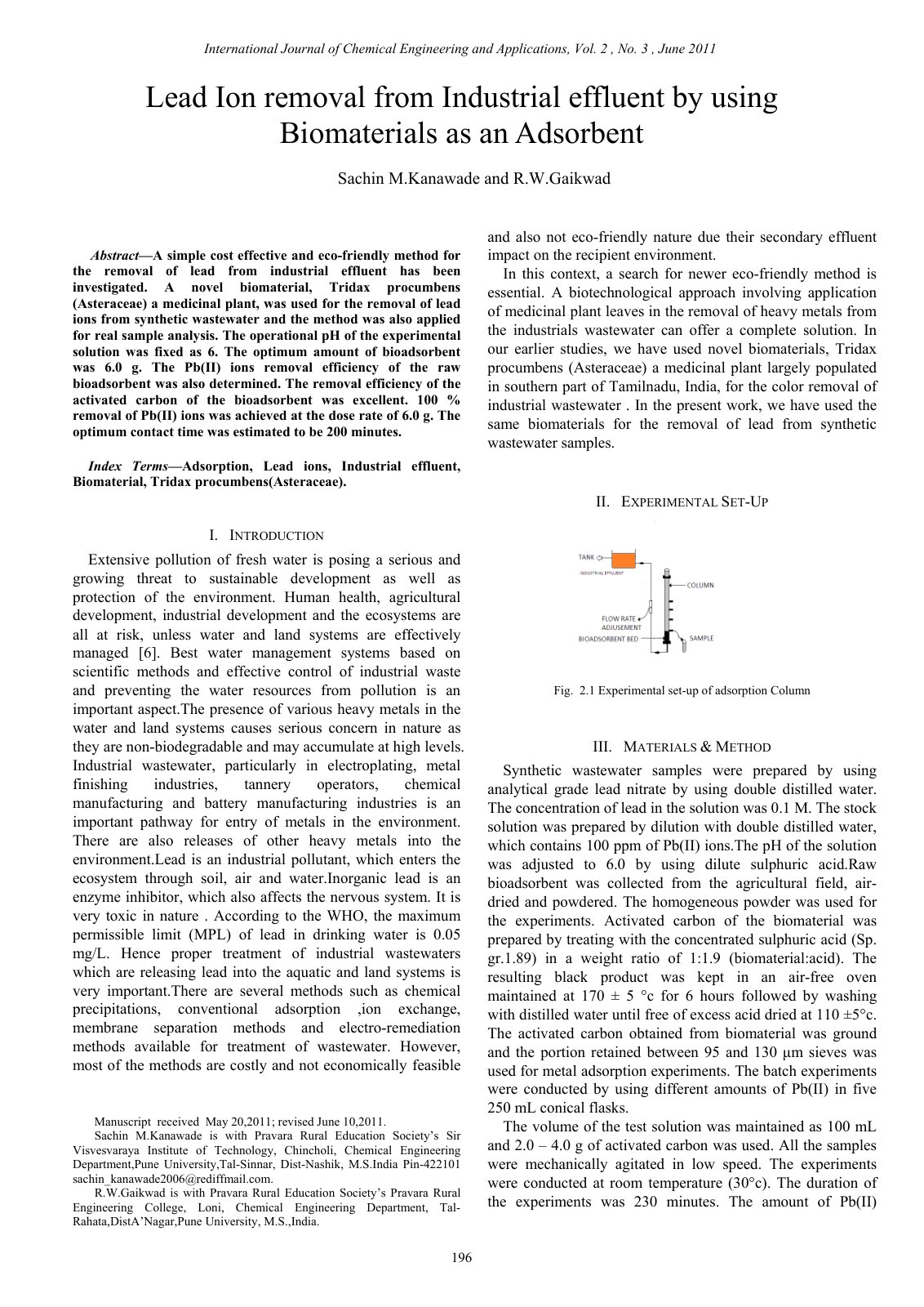 First page of Lead Ion removal from Industrial effluen