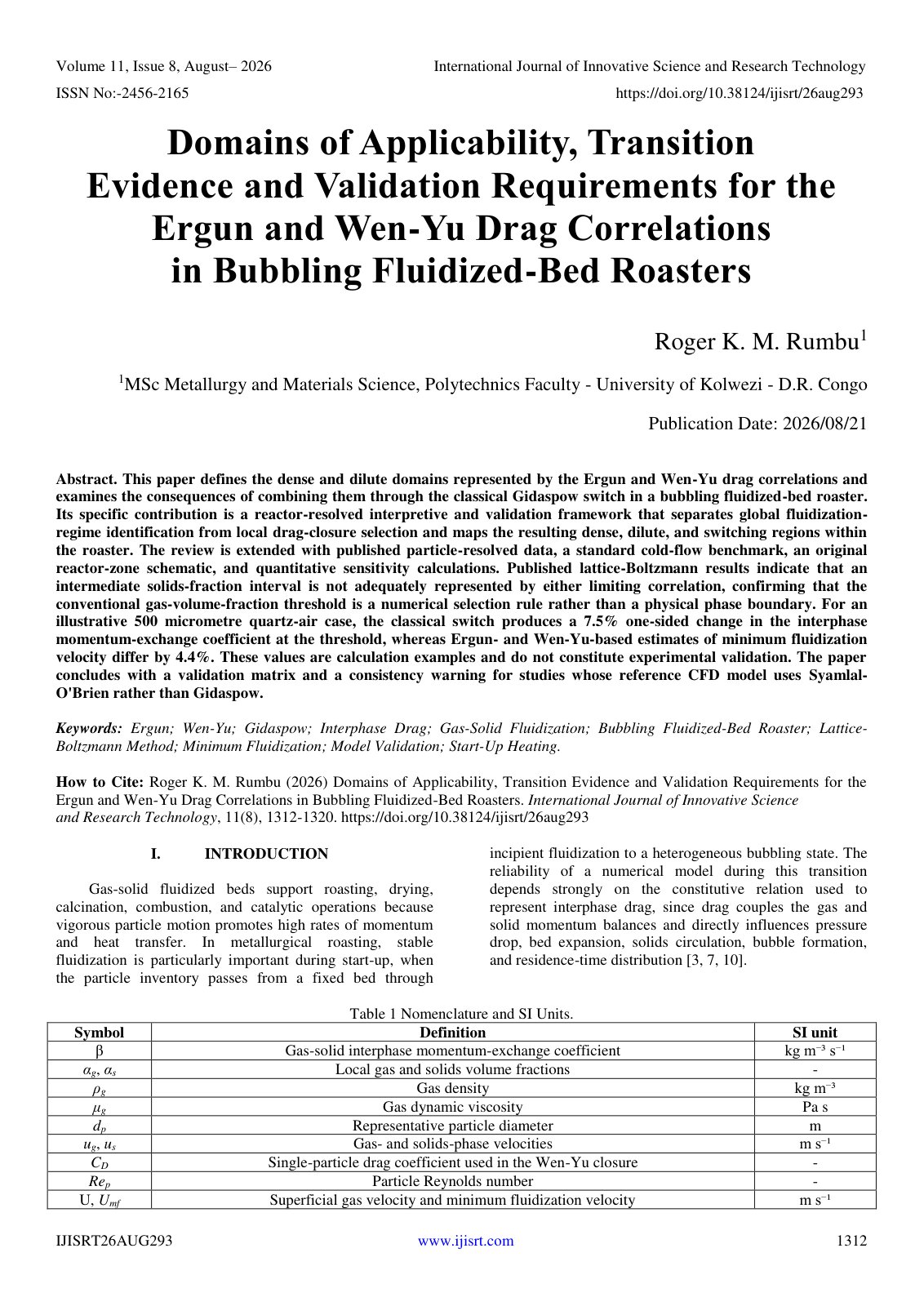 First page of Domains of Applicability, Transition Evidence and Validation Requirements for the Ergun and Wen-Yu Drag Correlations in Bubbling Fluidized -Bed Roasters