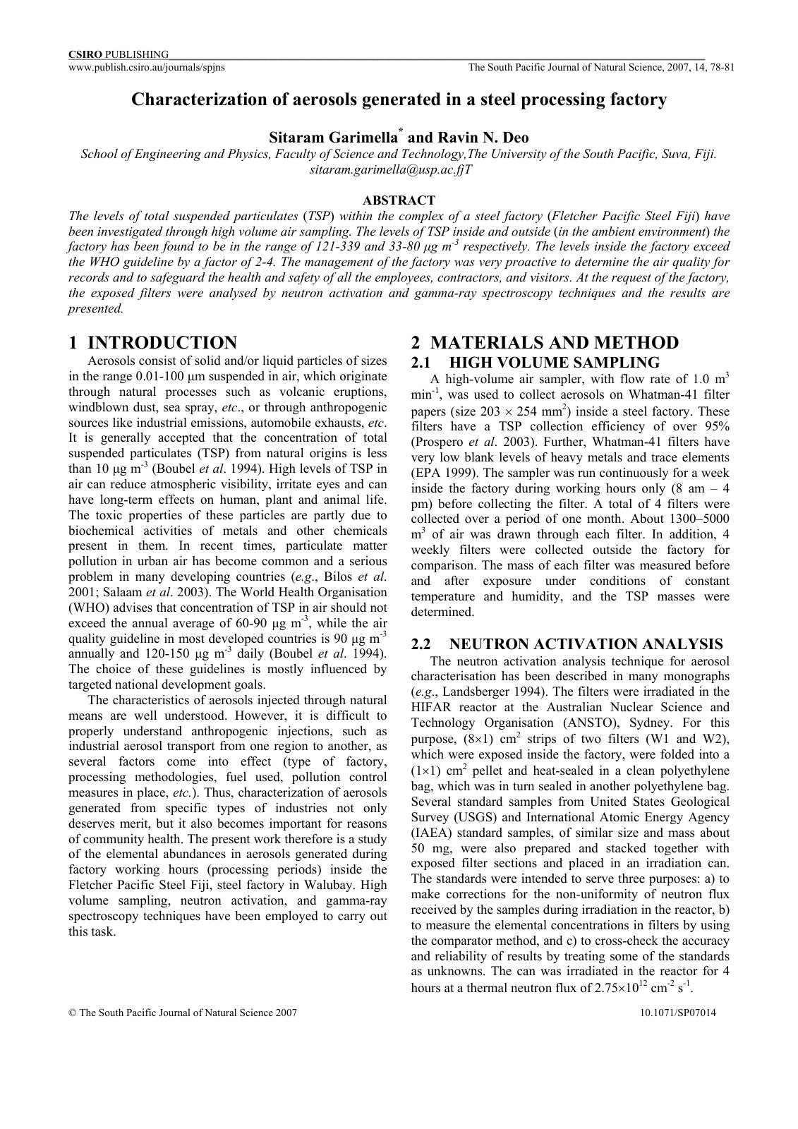 First page of Characterization of aerosols generated in a steel processing factory
