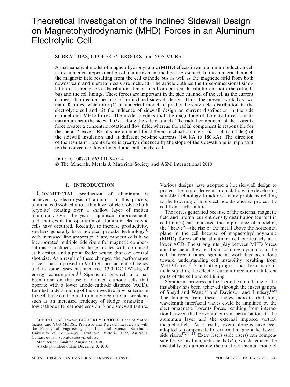 First page of Theoretical Investigation of the Inclined Sidewall Design on Magnetohydrodynamic (MHD) Forces in an Aluminum Electrolytic Cell