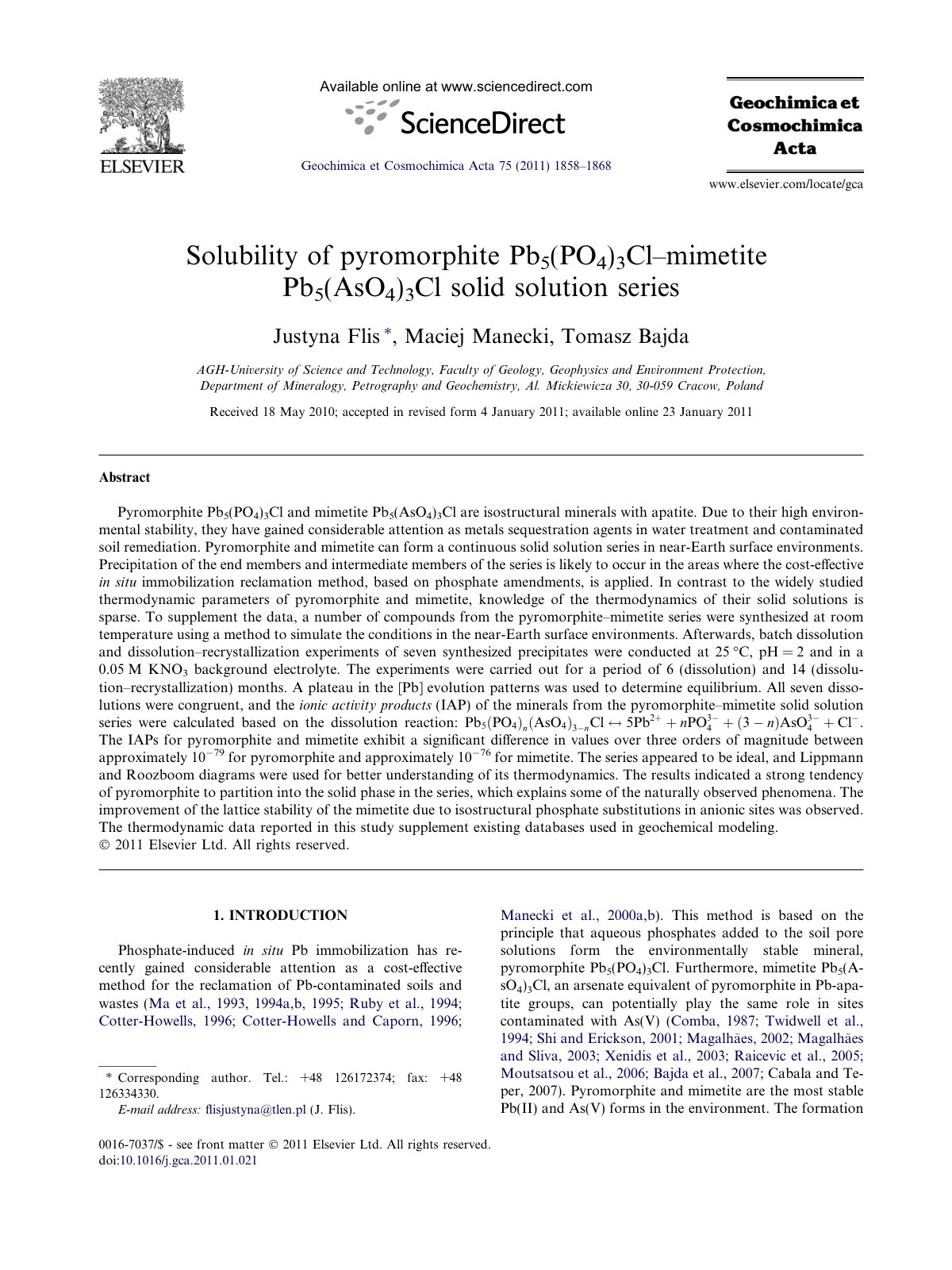 First page of Solubility of pyromorphite Pb 5(PO4)3Cl–mimetite Pb5(AsO4)3Cl solid solution series