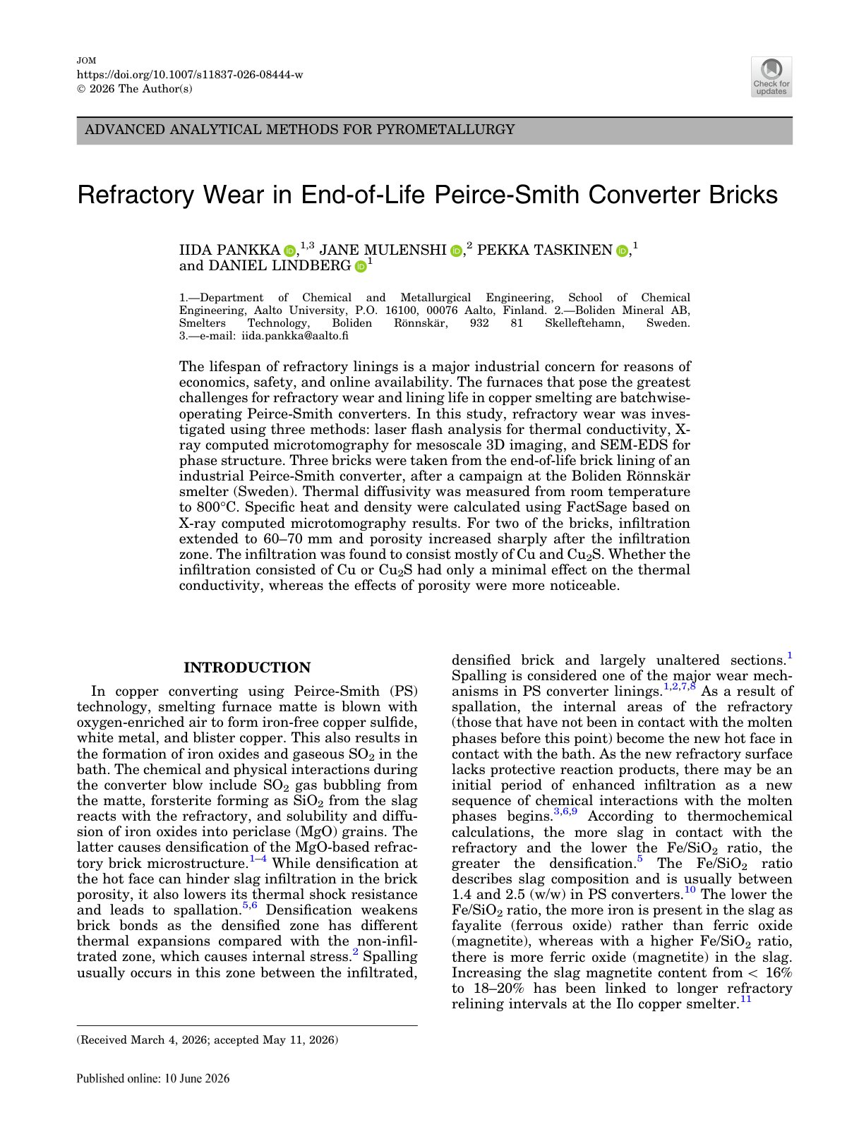 First page of 2026 Pankka Refractory Wear Peirce Smith Converter