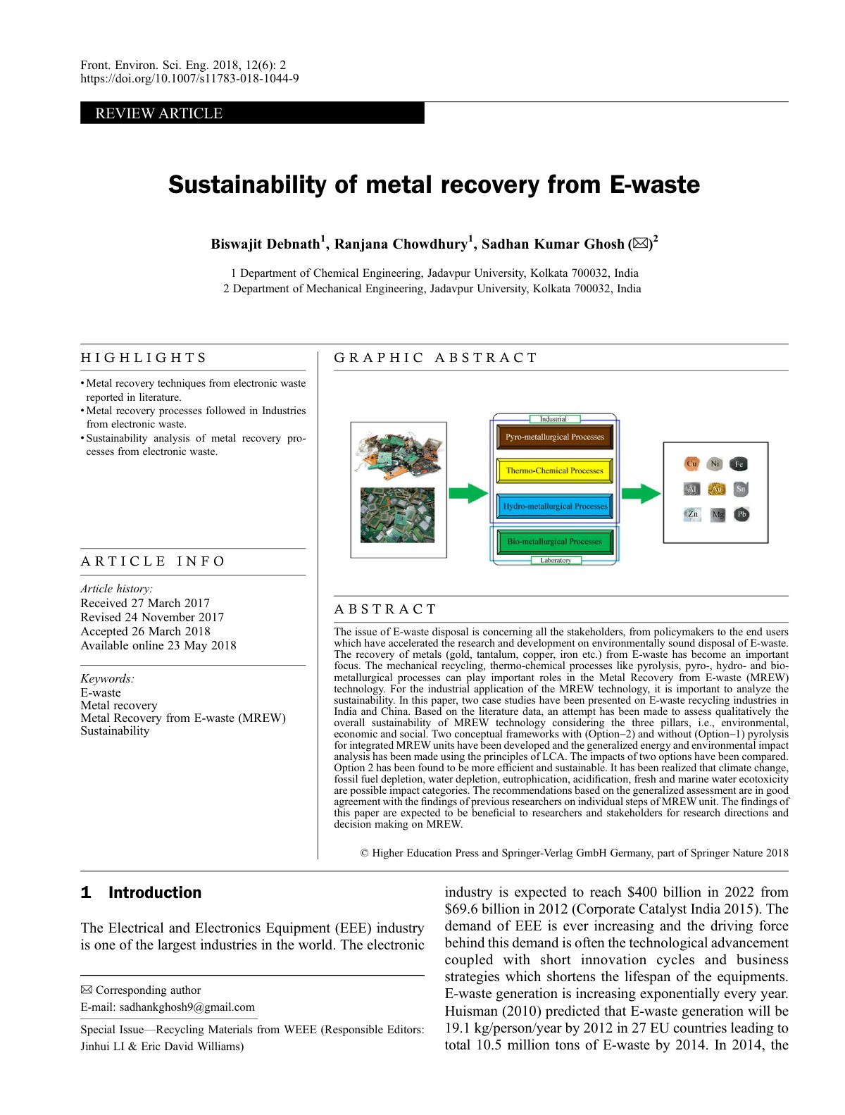 First page of Sustainability of metal recovery from E