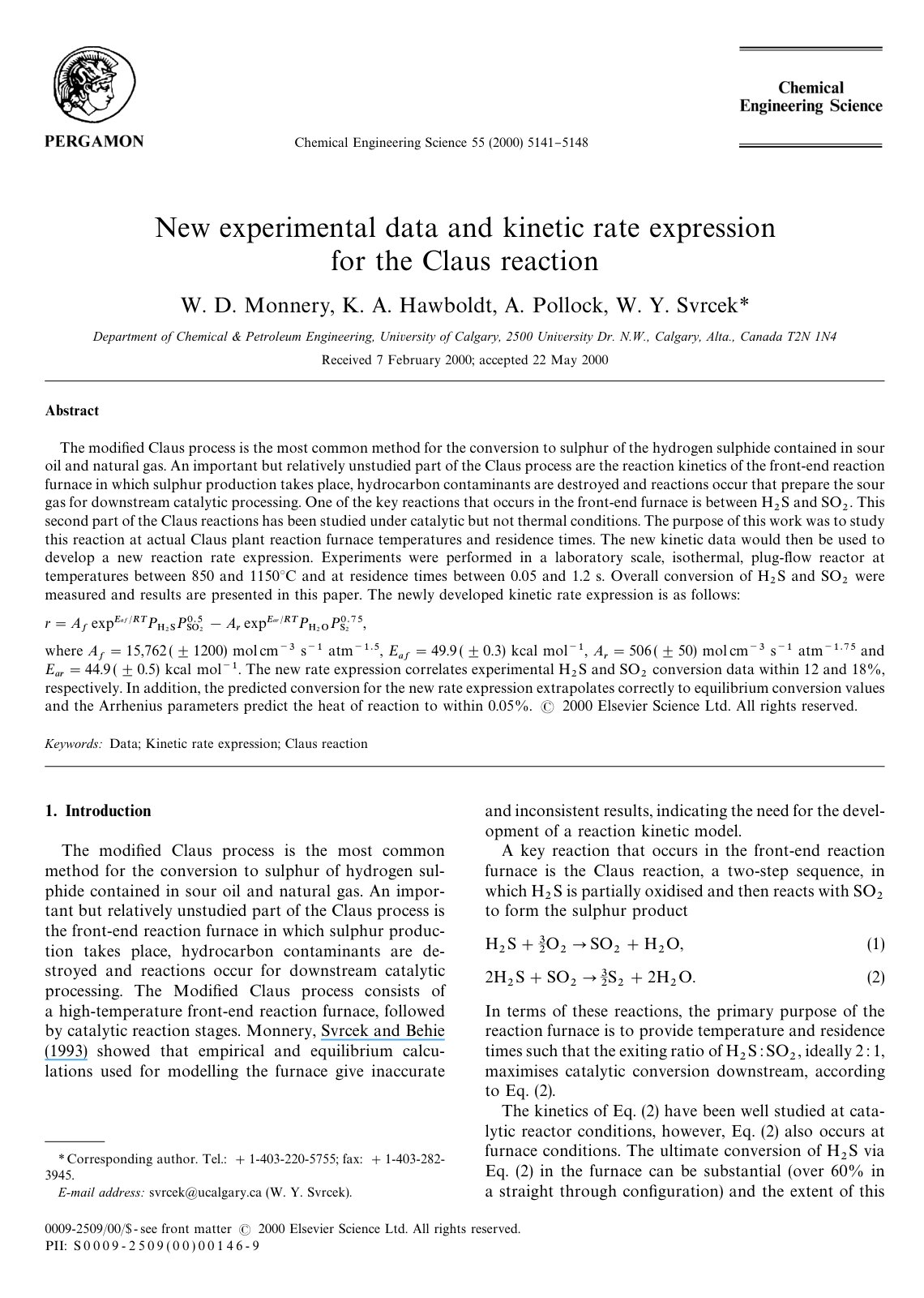 First page of New experimental data and kinetic rate expression for the Claus reaction