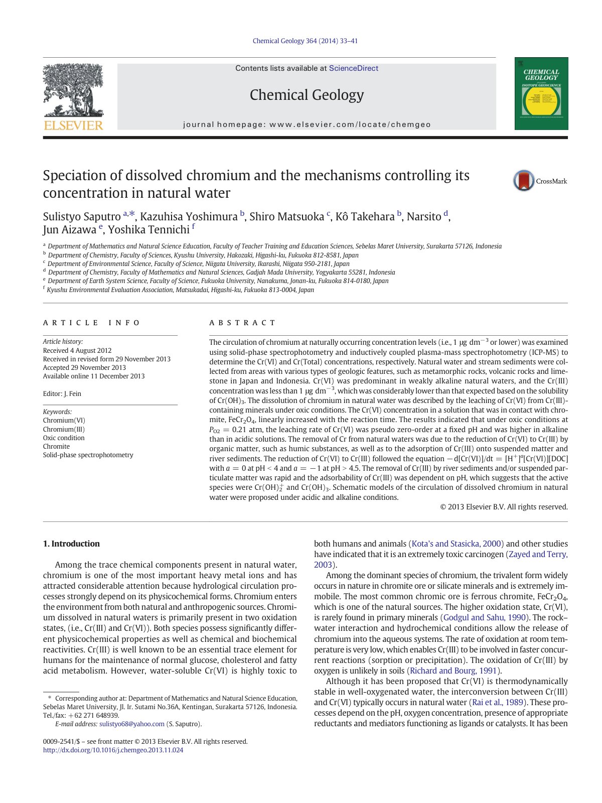 First page of Speciation of dissolved chromium and the mechanisms controlling its concentration in natural water