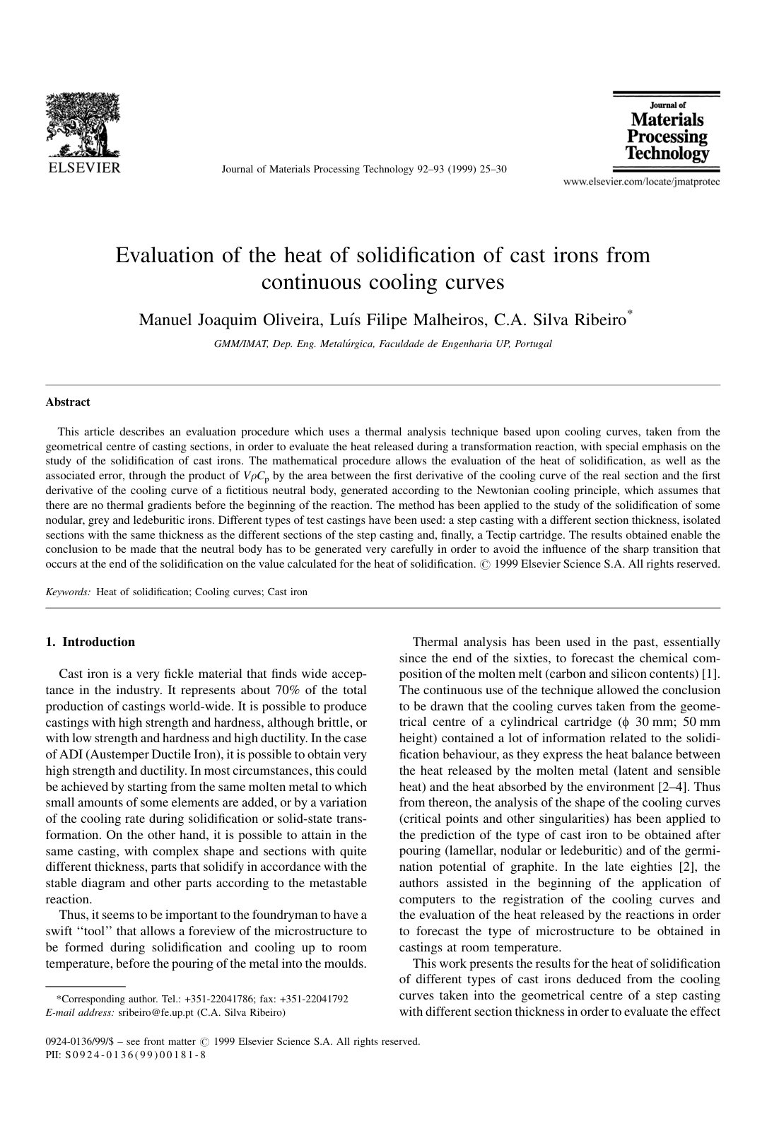 First page of Evaluation of the heat of solidification