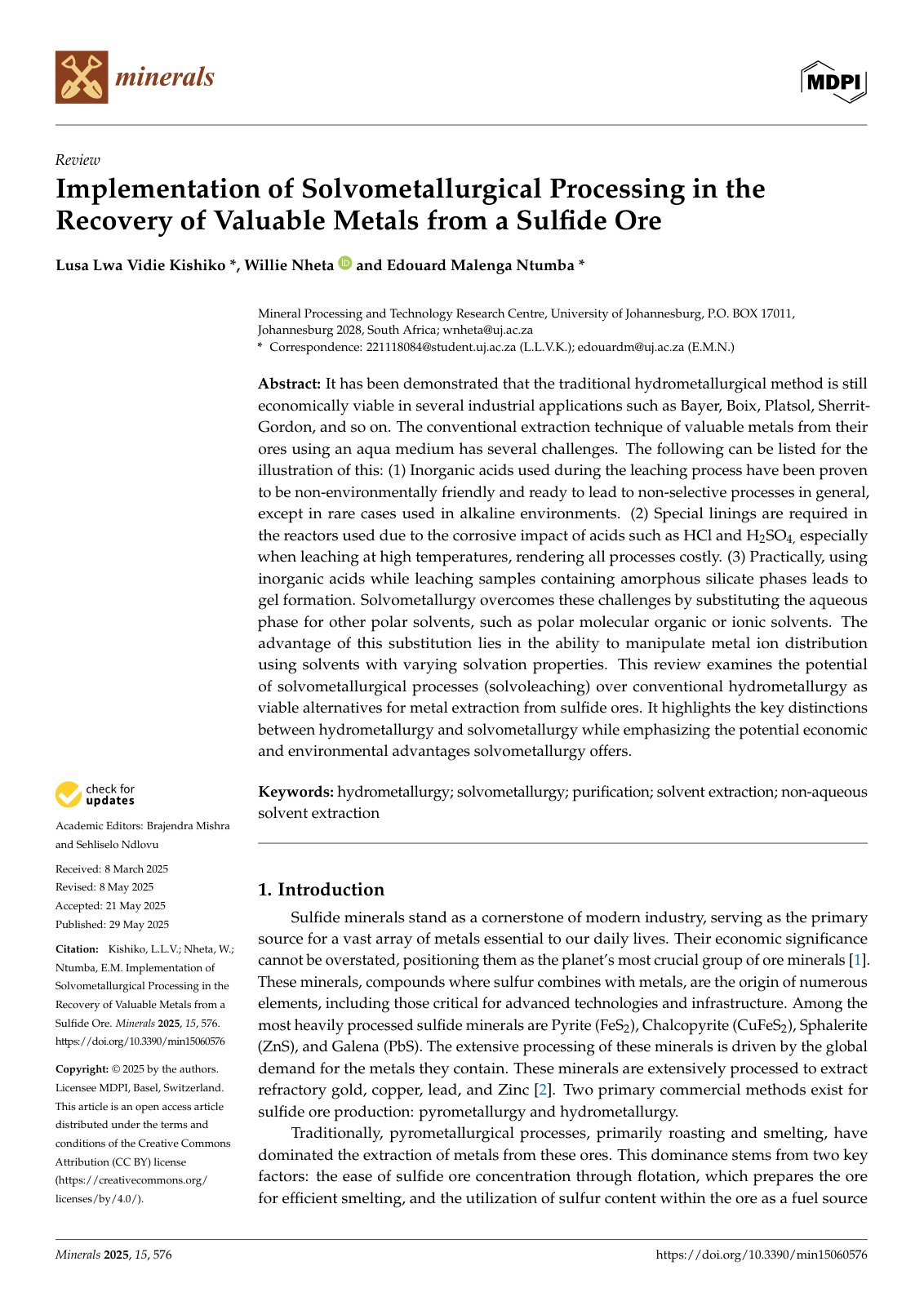 First page of Implementation of Solvometallurgical Processing in the Recovery of Valuable Metals from a Sulfide Ore