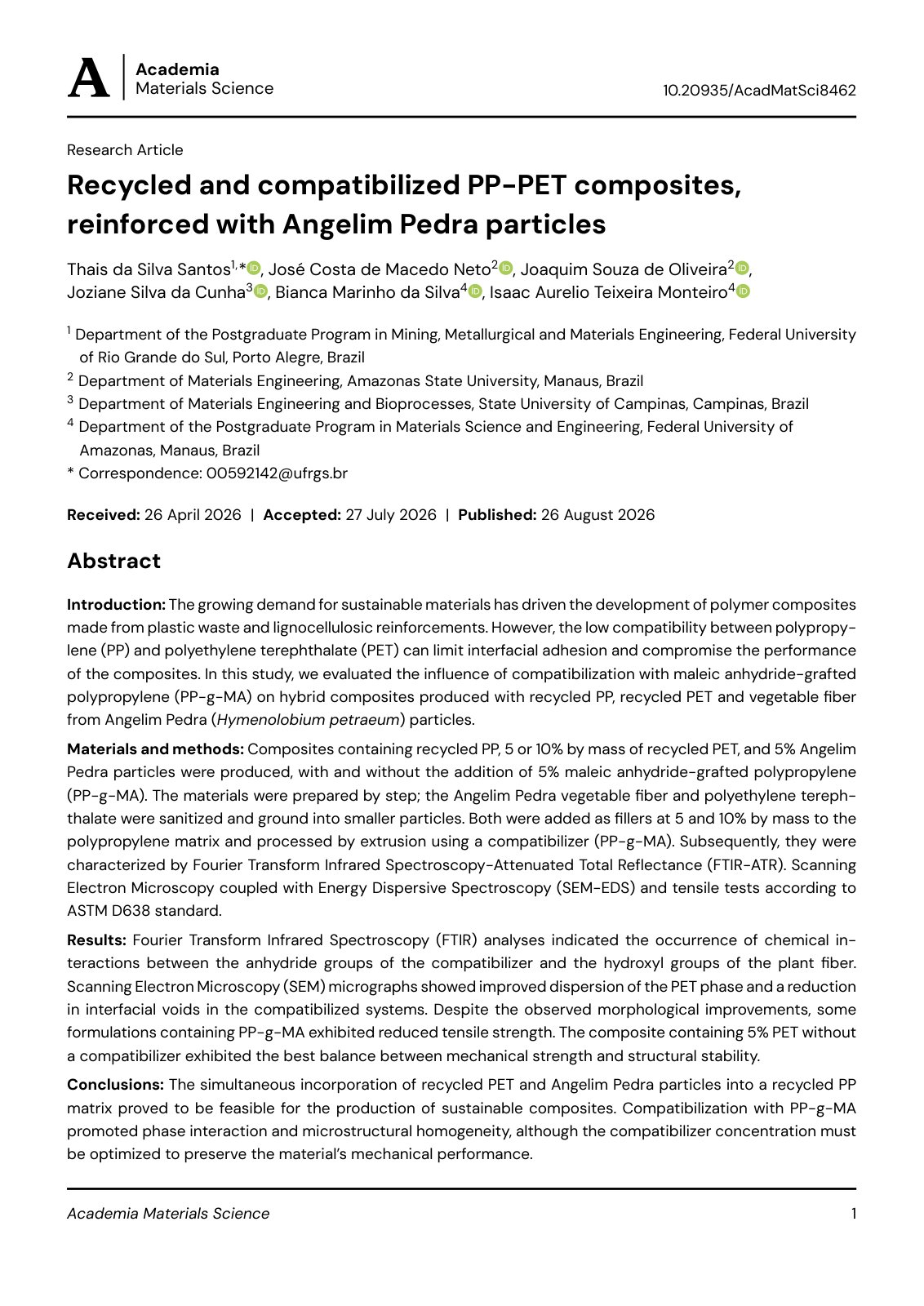 First page of Recycled and compatibilized PP-PET composites, reinforced with Angelim Pedra particles