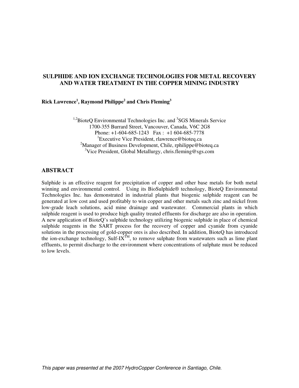First page of SULPHIDE AND ION EXCHANGE TECHNOLOGIES FOR METAL RECOVERY AND WATER TREATMENT IN THE COPPER MINING INDUSTRY