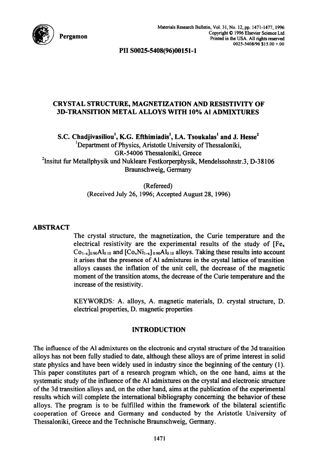 First page of CRYSTAL STRUCTURE, MAGNETIZATION AND RESISTIVITY OF 3D-TRANSITION METAL ALLOYS WITH 10% Al ADMIXTURES