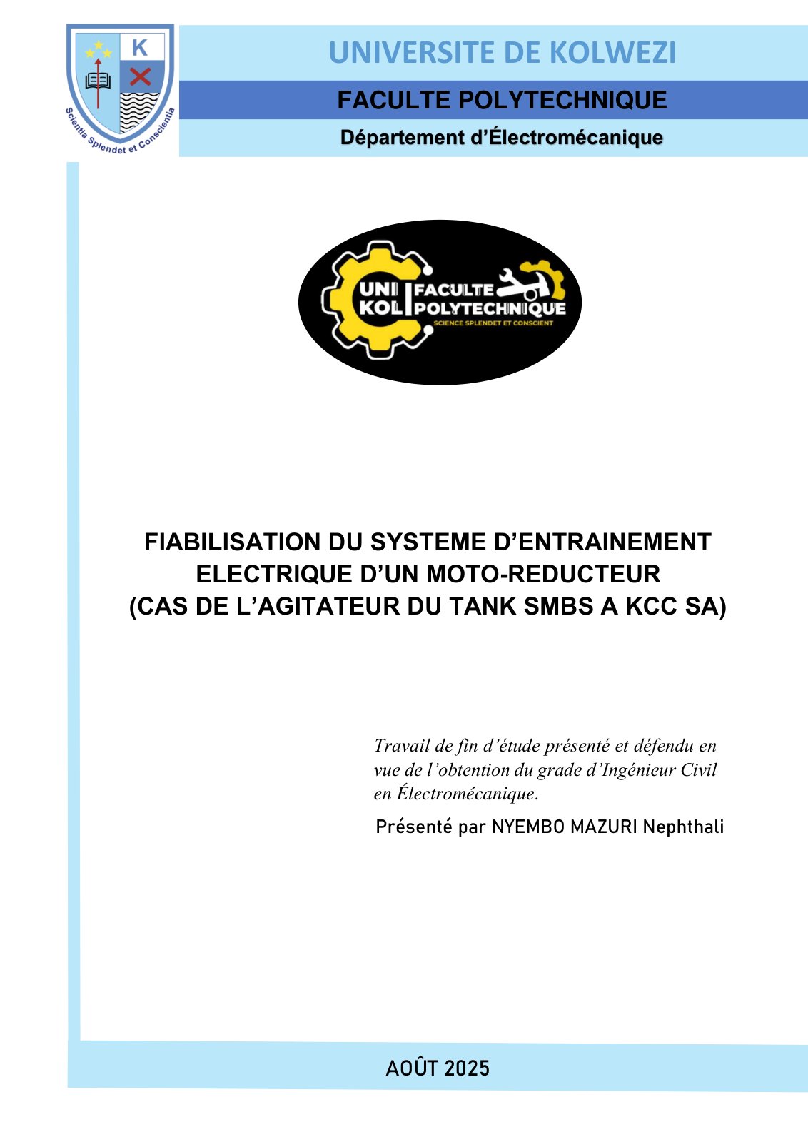 First page of FIABILISATION DU SYSTEME D’ENTRAINEMENT ELECTRIQUE D’UN MOTO-REDUCTEUR (CAS DE L’AGITATEUR DU TANK SMBS A KCC SA)