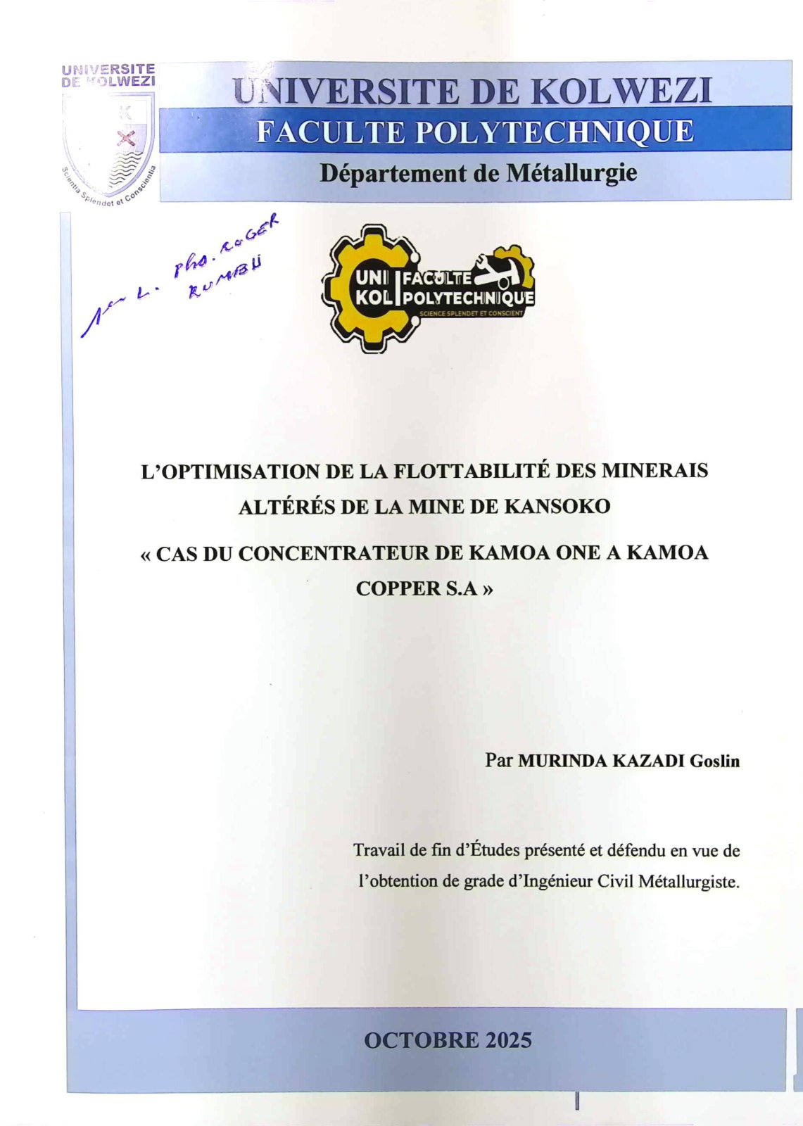 First page of L'OPTIMISATION DE LA FLOTTABILITE DES MINERAIS ALTERES DE LA MINE DE KANSOKO « CAS DU CONCENTRATEUR DE KAMOA ONE A KAMOA COPPER S.A »