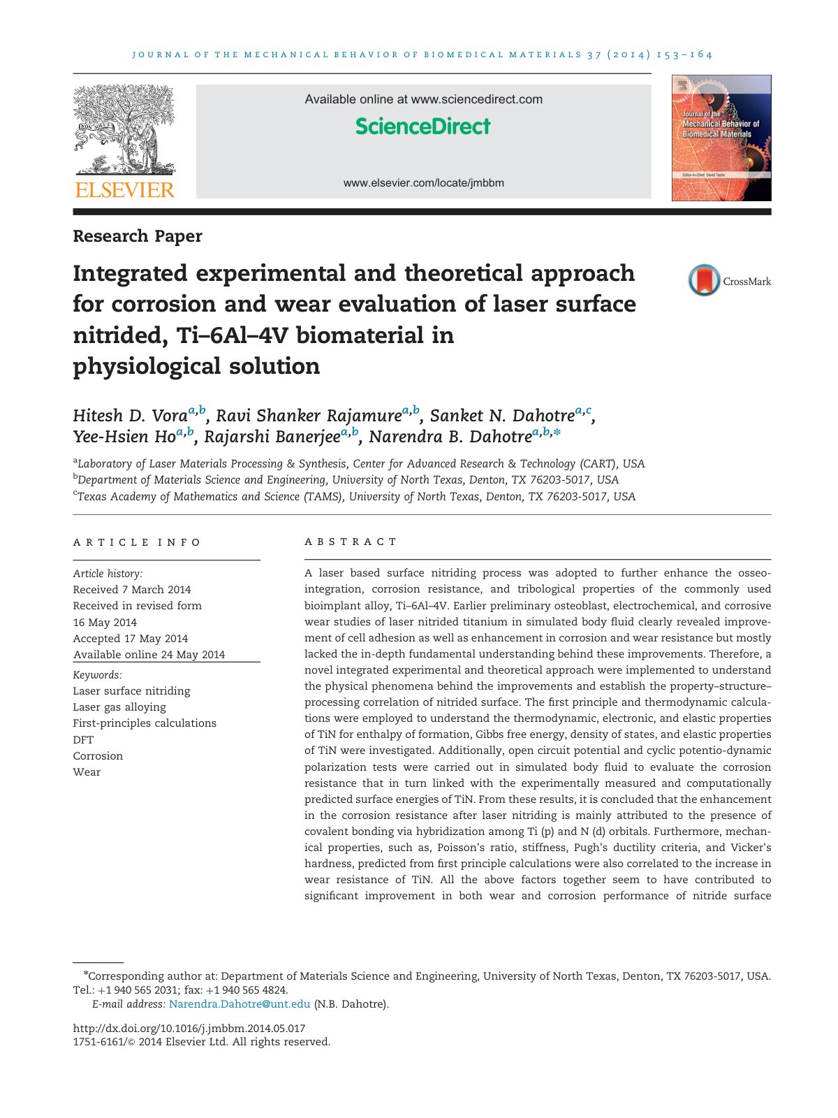 First page of Integrated experimental and theoretical approach for corrosion and wear evaluation of laser surface nitrided, Ti–6Al–4V biomaterial in physiological solution