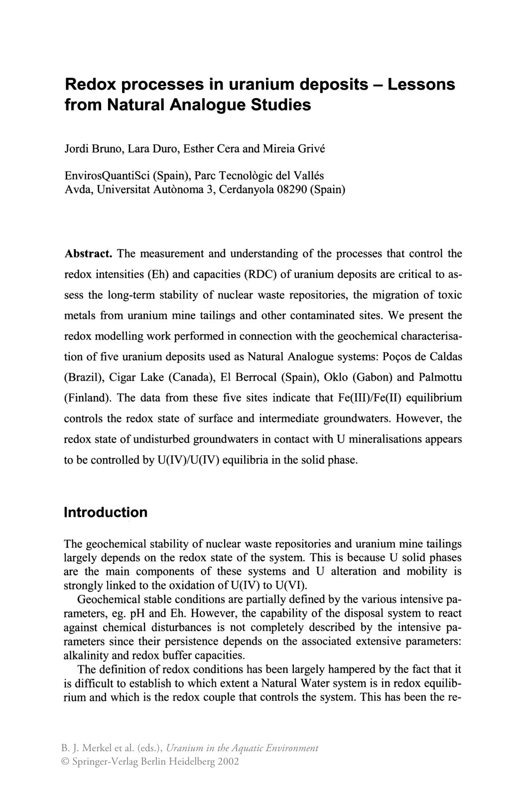 First page of Redox processes in uranium deposits - Lessons from Natural Analogue Studies