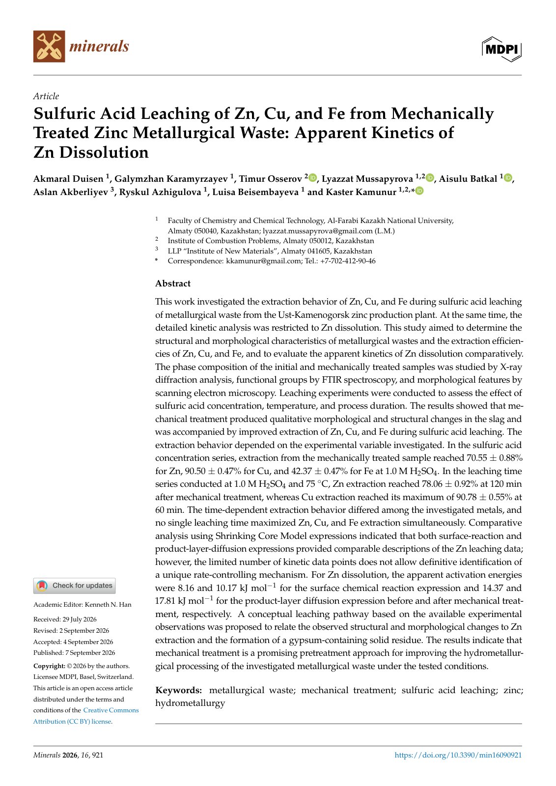 First page of 2026   Duisen   Sulfuric Acid Leaching Kinetics of Zinc Waste