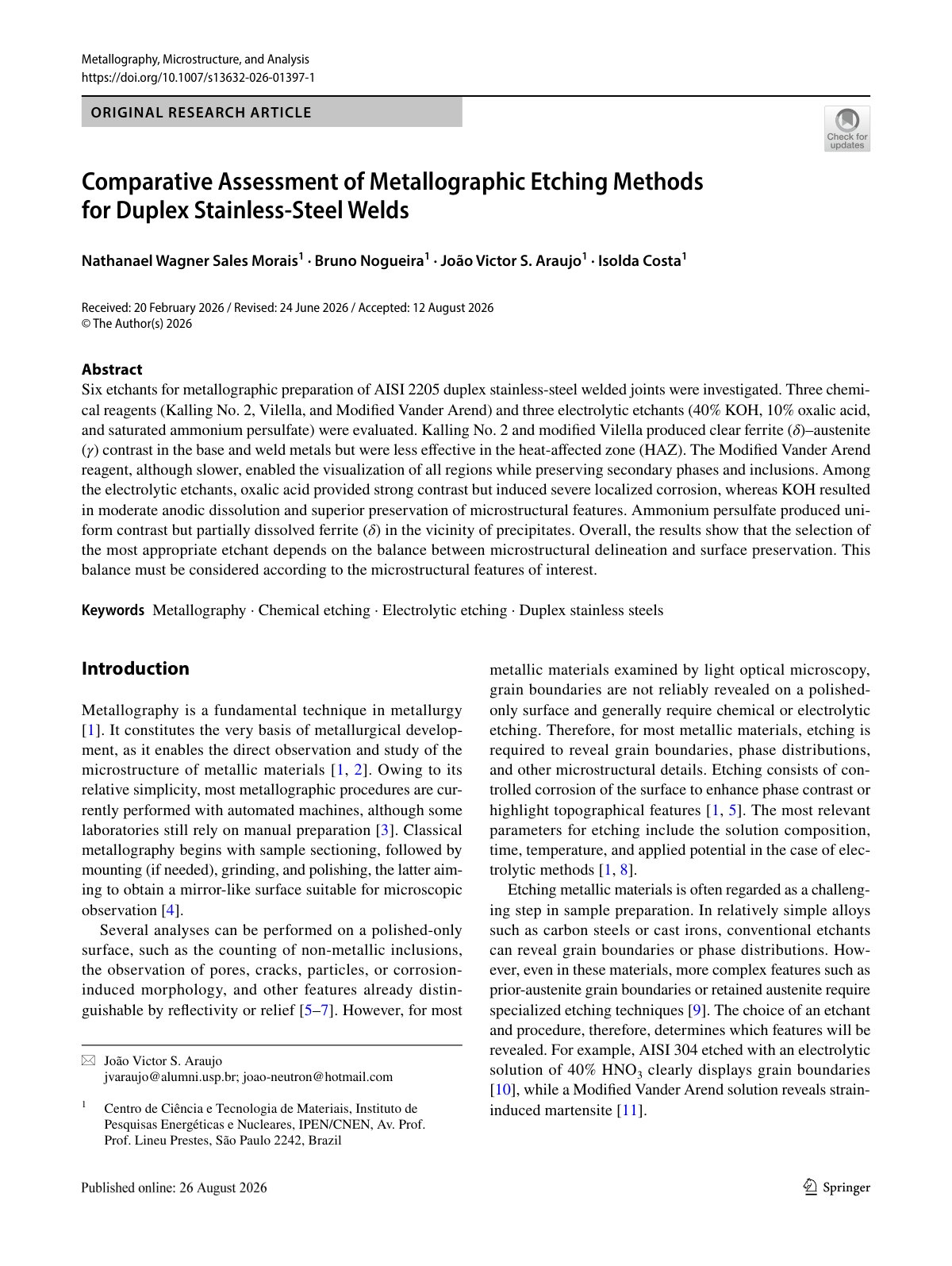 First page of 2026 Morais Metallographic Etching Duplex Welds