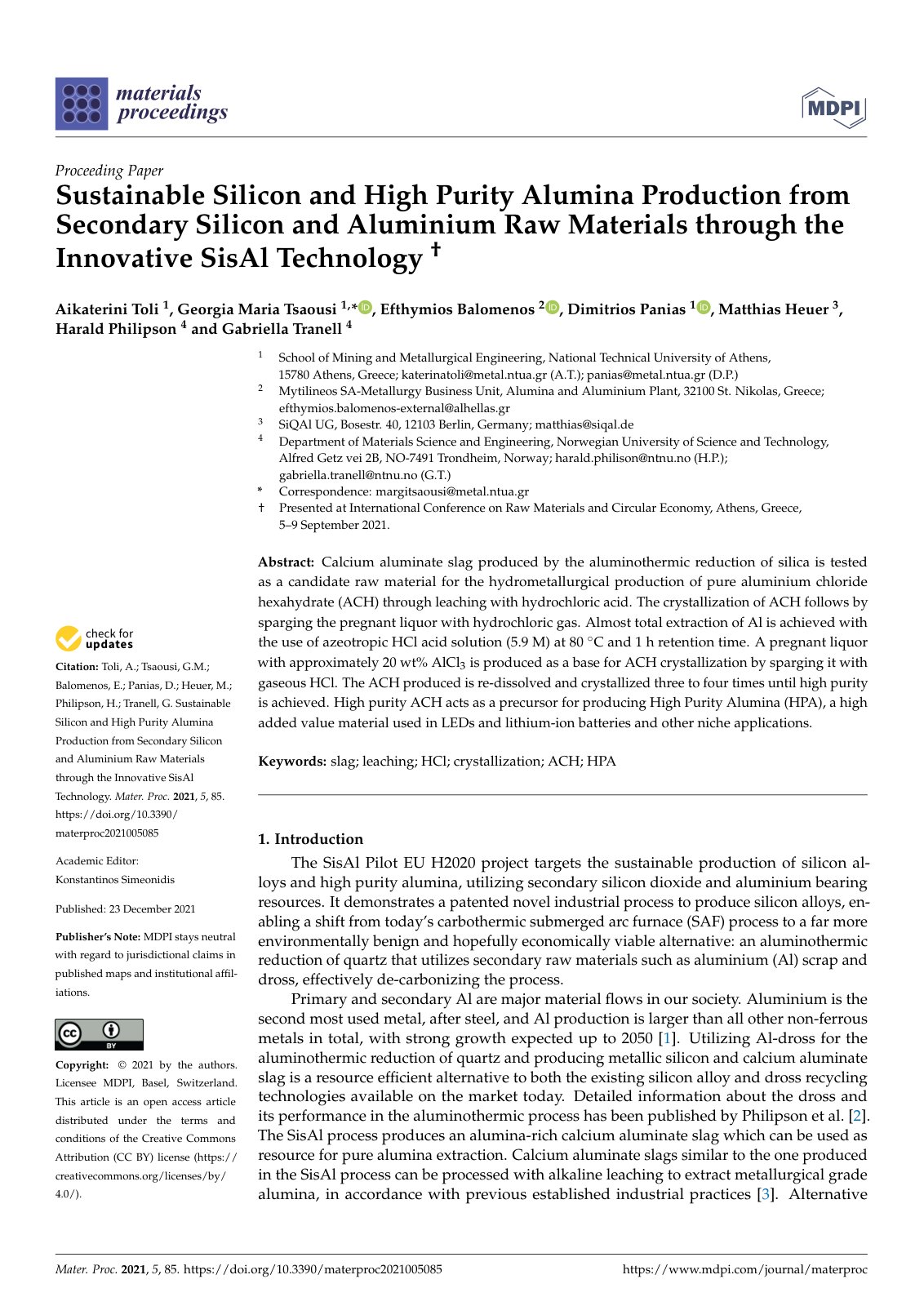 First page of Sustainable Silicon and High Purity Alumina Production from Secondary Silicon and Aluminium Raw Materials through the Innovative SisAl Technology