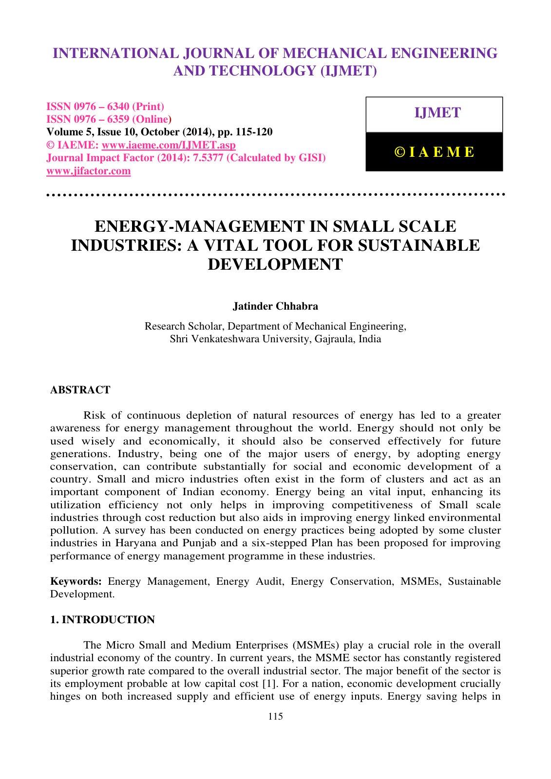 First page of ENERGY MANAGEMENT IN SMALL SCALE INDUSTR