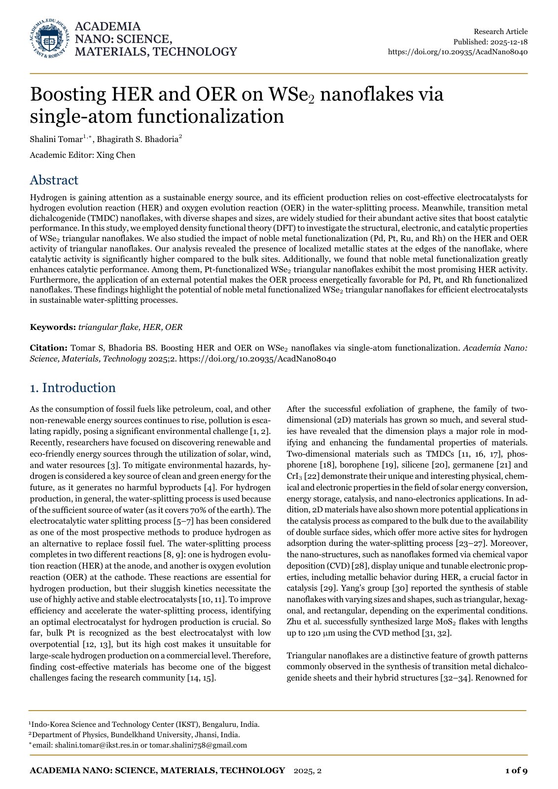 First page of Boosting HER and OER on WSe2 nanoflakes via single-atom functionalization