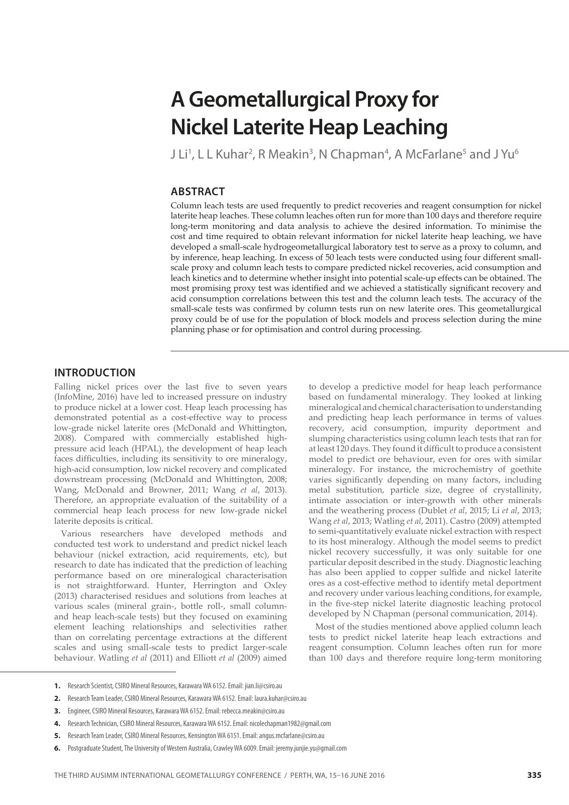 First page of A Geometallurgical Proxy for nickel Laterite Heap Leaching