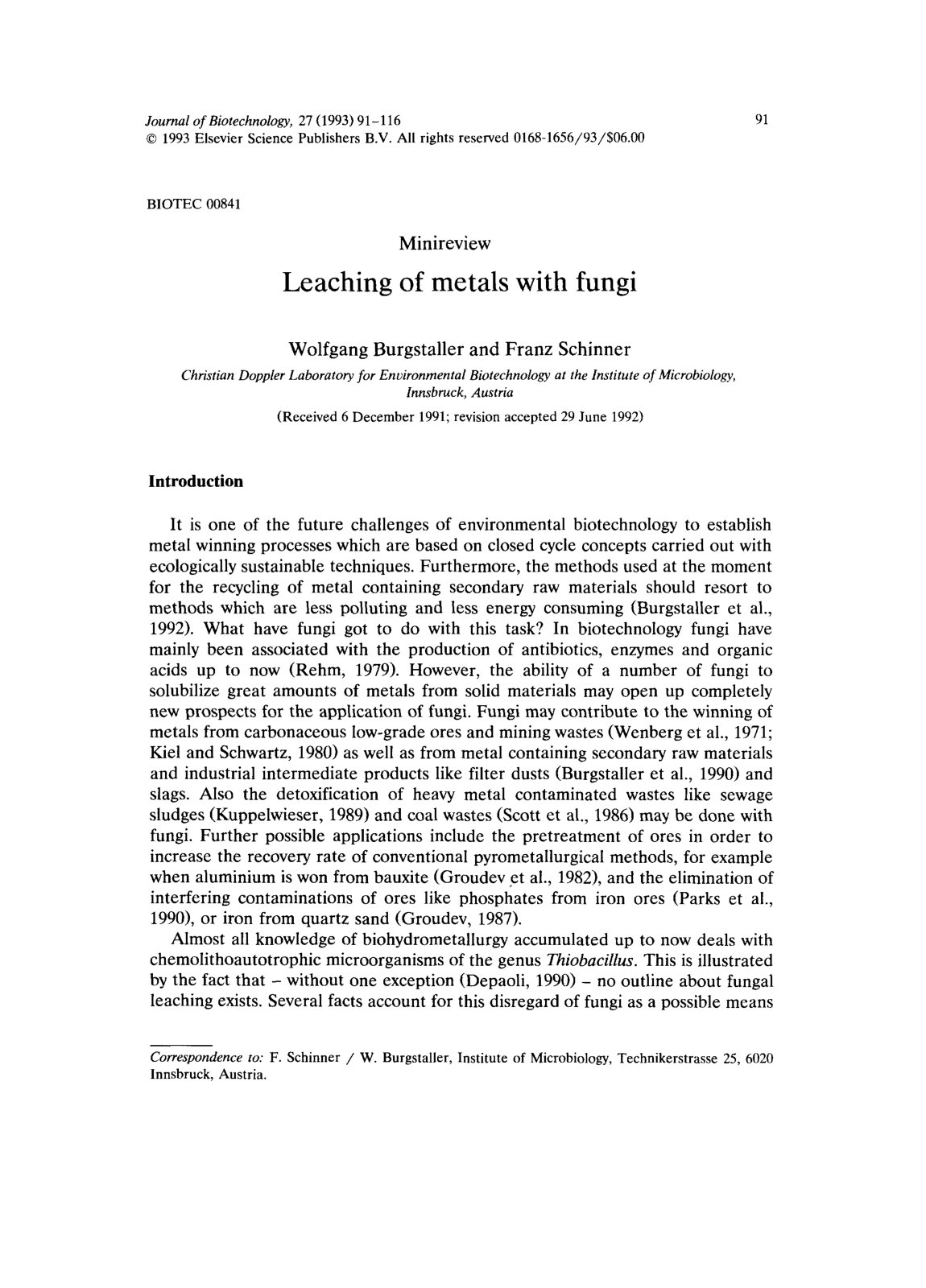 First page of Leaching of metals with fungi