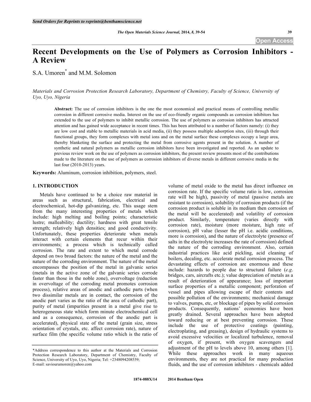 First page of Recent Developments on the Use of Polymers as Corrosion Inhibitors - A Review