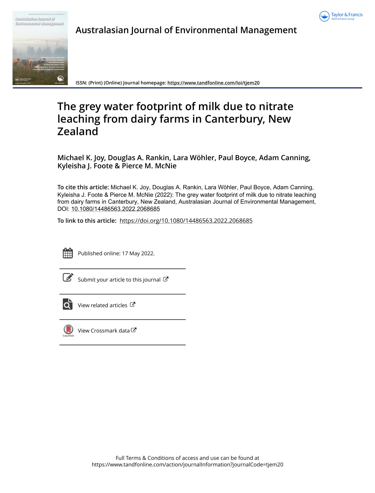 First page of The grey water footprint of milk due to