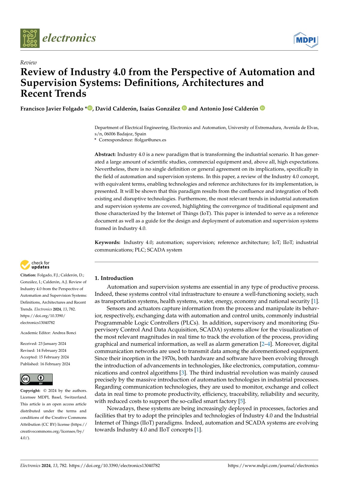 First page of Review of Industry 4.0 from the Perspective of Automation and Supervision Systems: Definitions, Architectures and Recent Trends
