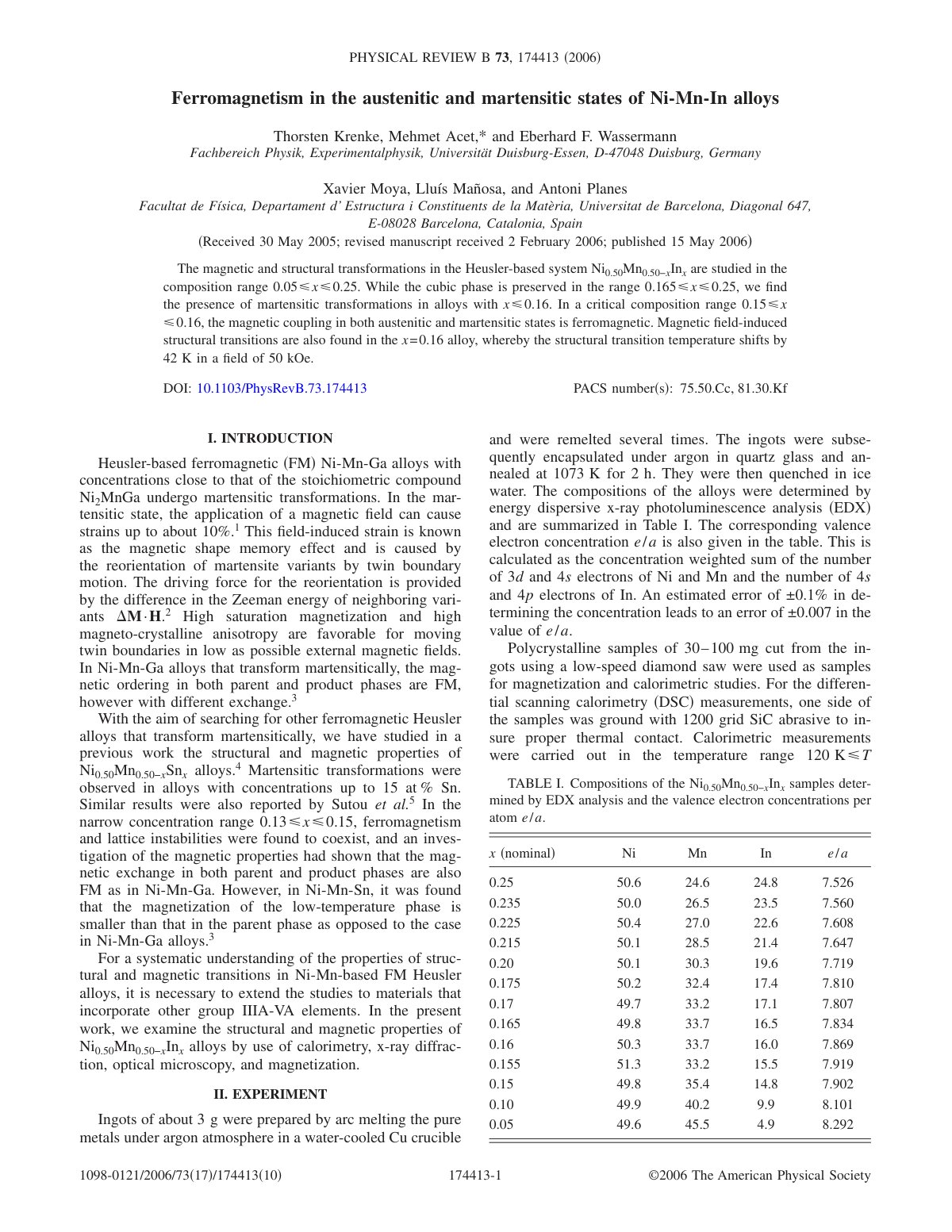 First page of Ferromagnetism in the austenitic and martensitic states of Ni-Mn-In alloys
