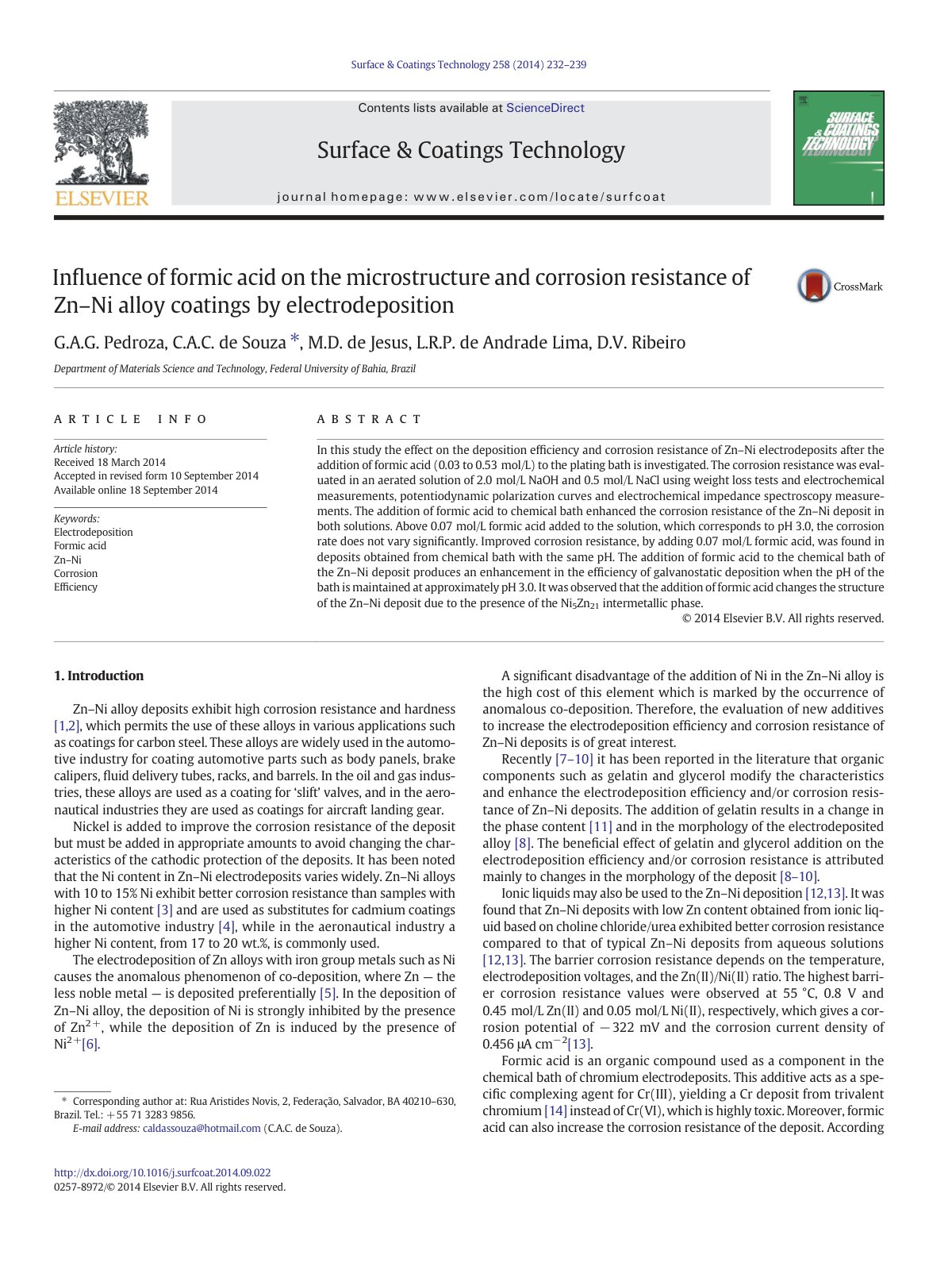 First page of Inﬂuence of formic acid on the microstructure and corrosion resistance of Zn–Ni alloy coatings by electrodeposition