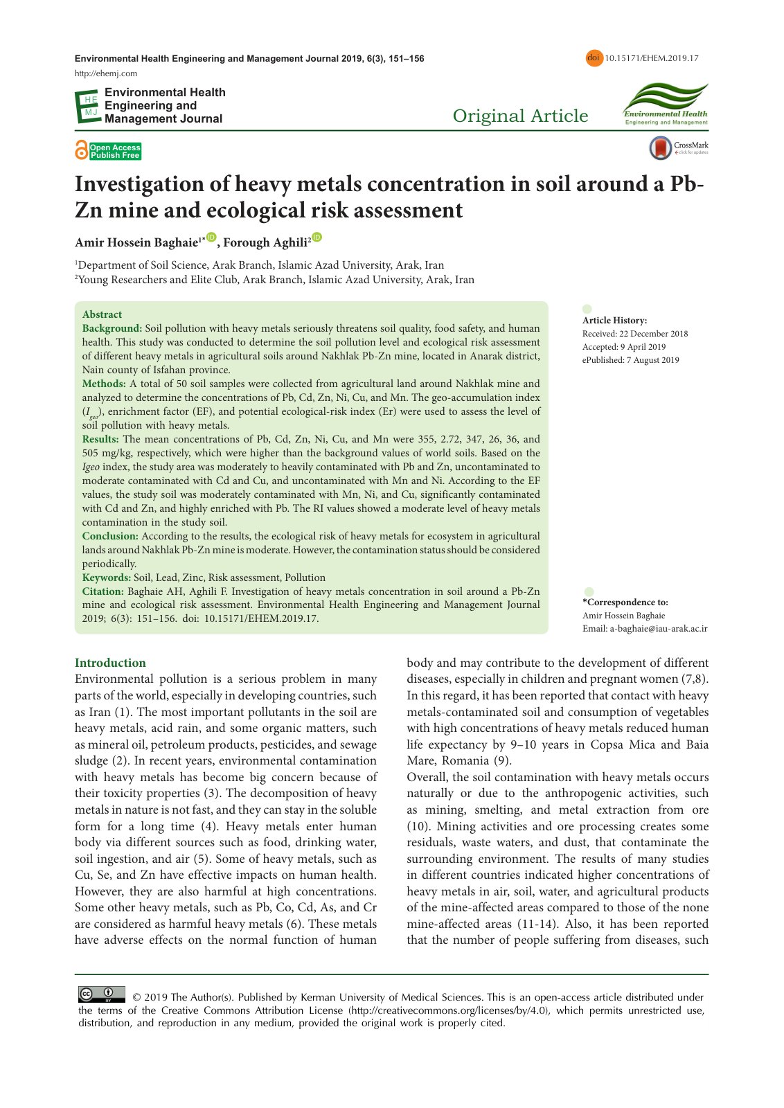 First page of Investigation of heavy metals concentration in soil around a Pb-Zn mine and ecological risk assessment