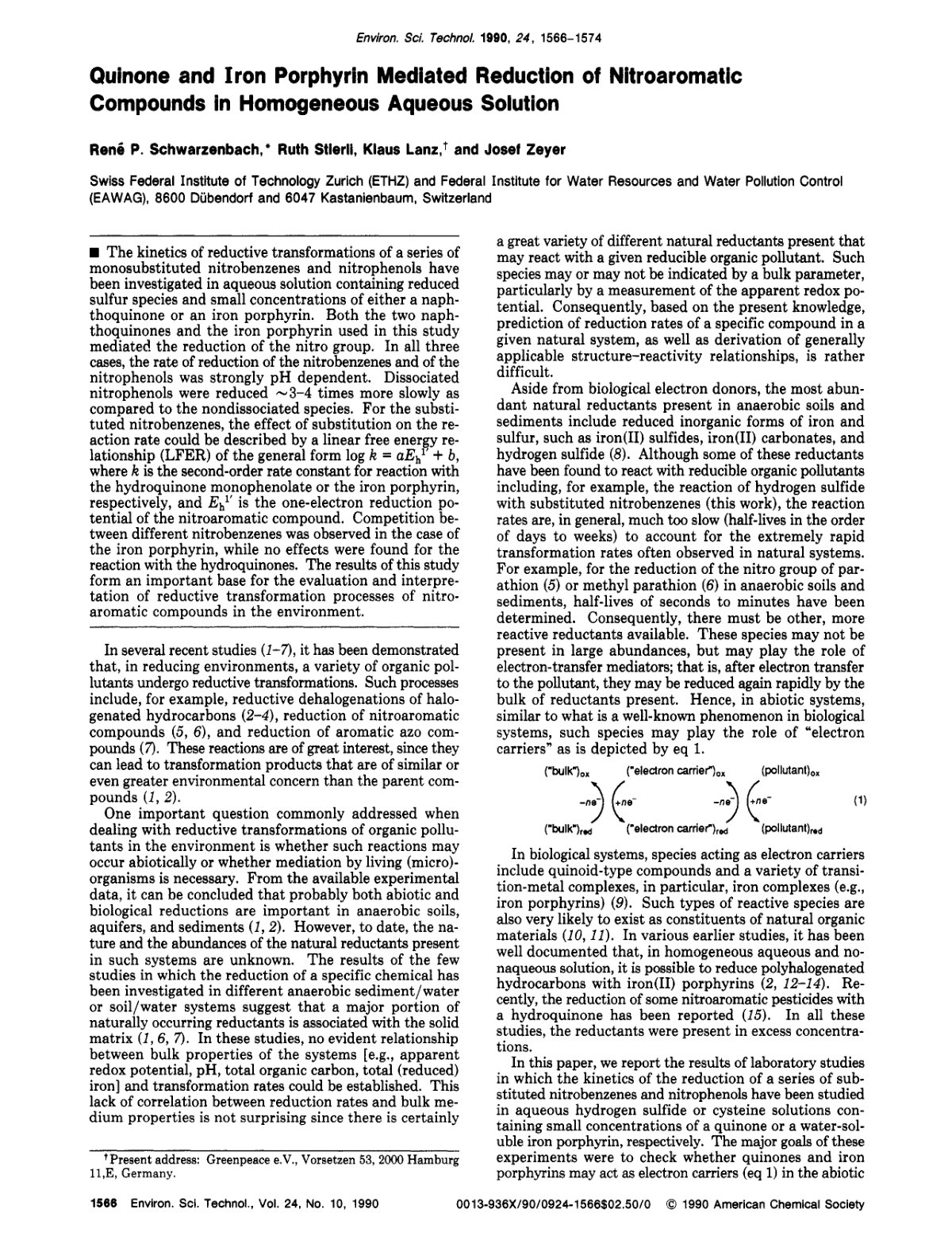 First page of Quinone and Iron Porphyrin Mediated Reduction of Nitroaromatic Compounds in Homogeneous Aqueous Solution